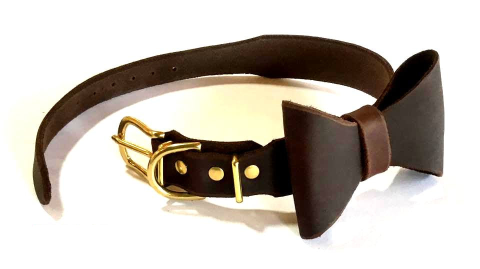 "Lola" mit Fliege, abnehmbar, Halsband, Leder, Fettleder, Hund
