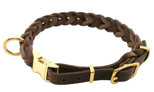 "Charlie" Halsband geflochten, Leder, Klick, Verstellbar, Fettleder, Leder, Hund