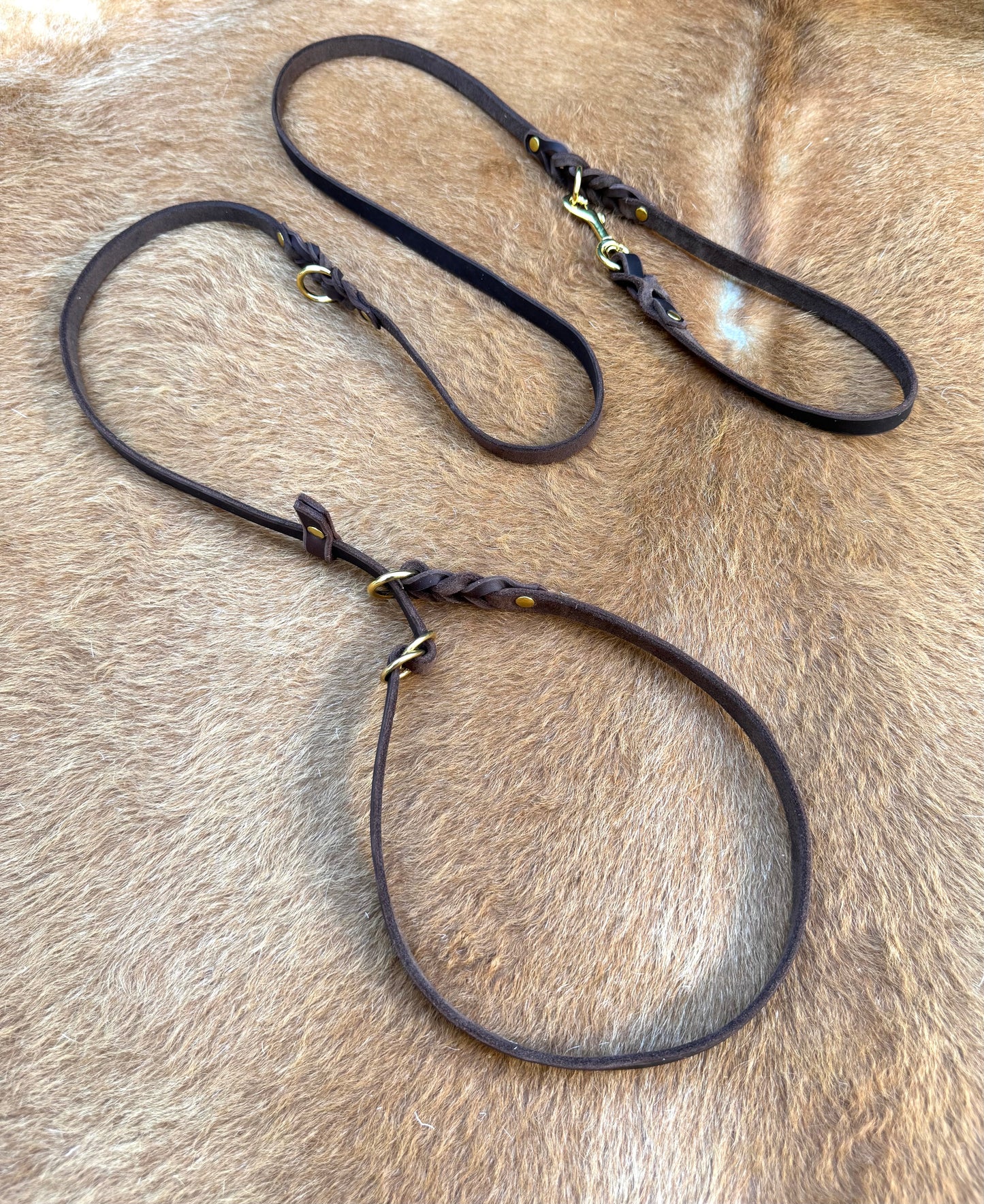 2 m "Rosalie" Umhängeleine mit Schlupfhalsung, Zugstopp, Leine Leder Fettleder geflochten, Moxon