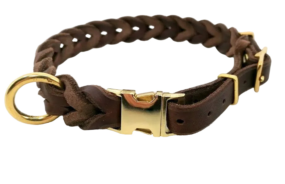 "Charlie" Halsband geflochten, Leder, Klick, Verstellbar, Fettleder, Leder, Hund
