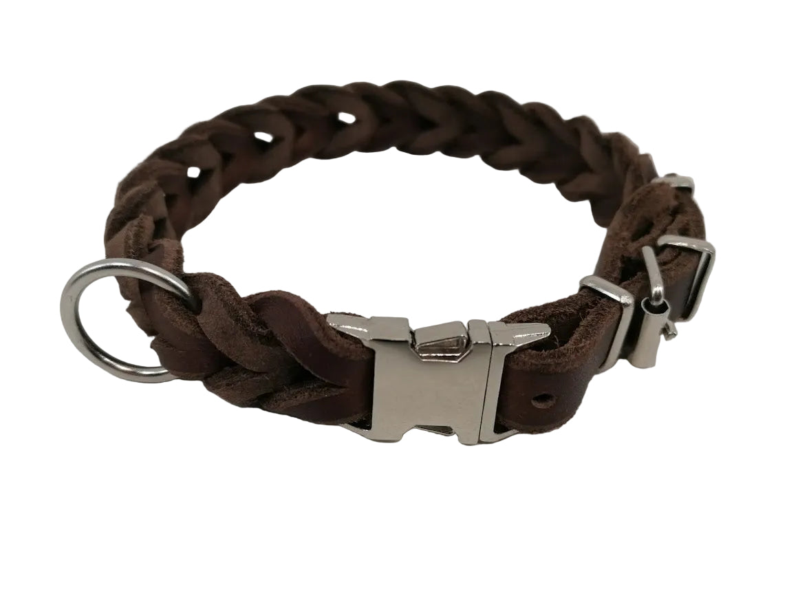 "Charlie" Halsband geflochten, Leder, Klick, Verstellbar, Fettleder, Leder, Hund