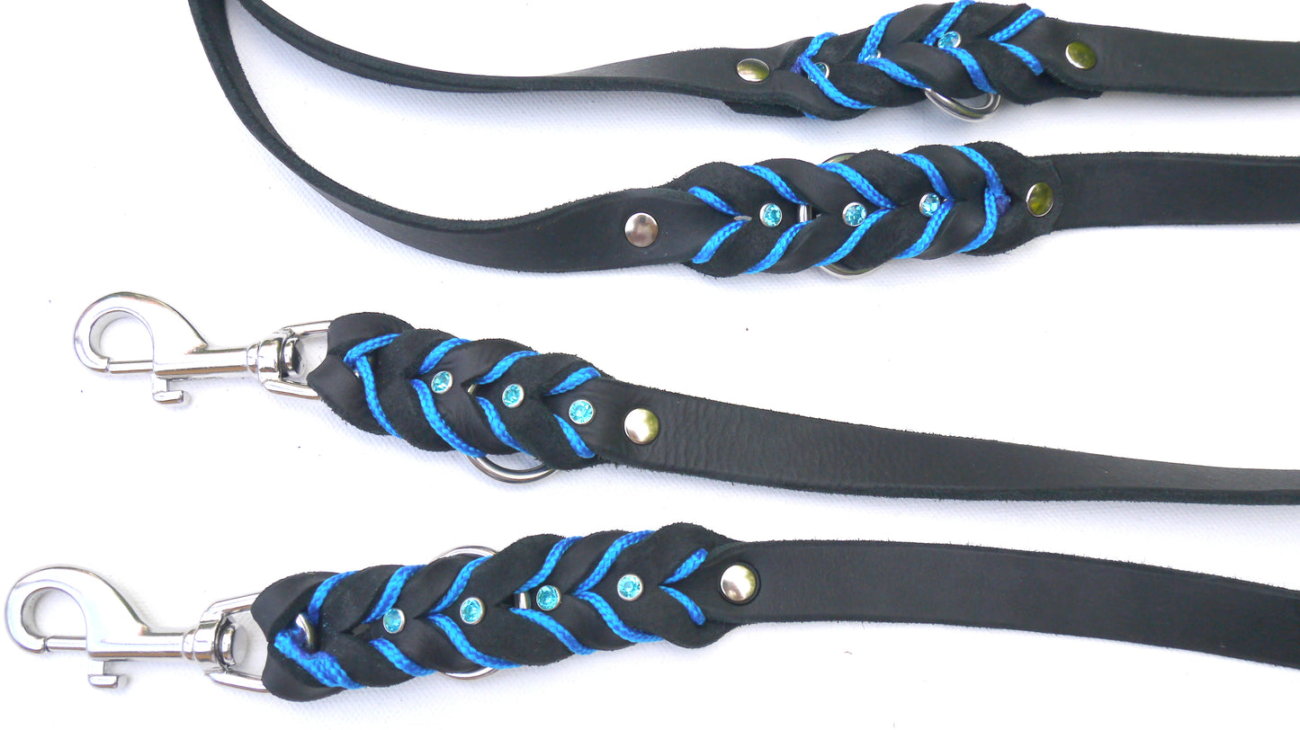 2,5 m dreifach verstellbar, mit Handschlaufe, Leine Leder Fettleder geflochten, Hundeleine